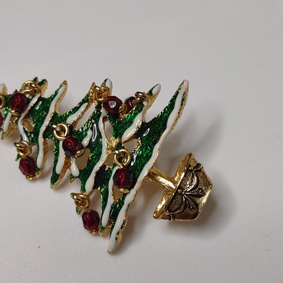 Green And Gold Tone Christmas Tree Brooch With Red Dangling Ornaments - Picture 4 of 11